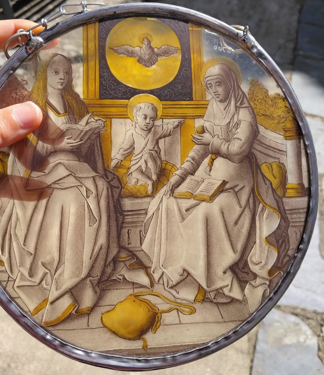 Vitrail - Rondel de Sainte Anne avec Marie et l'enfant Jésus, d'esprit 16ème-photo-2