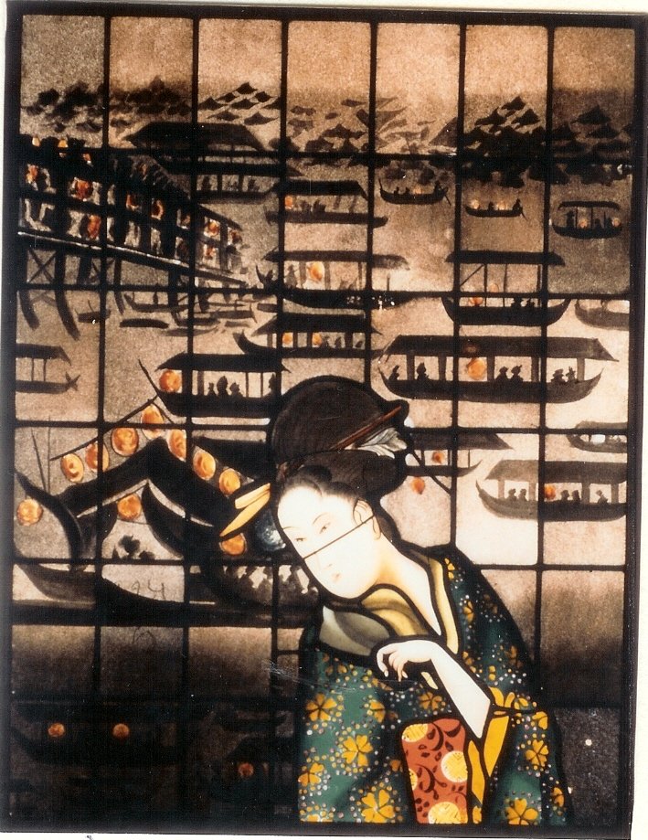 Stained Glass Panel-asian Harbor And A Girl