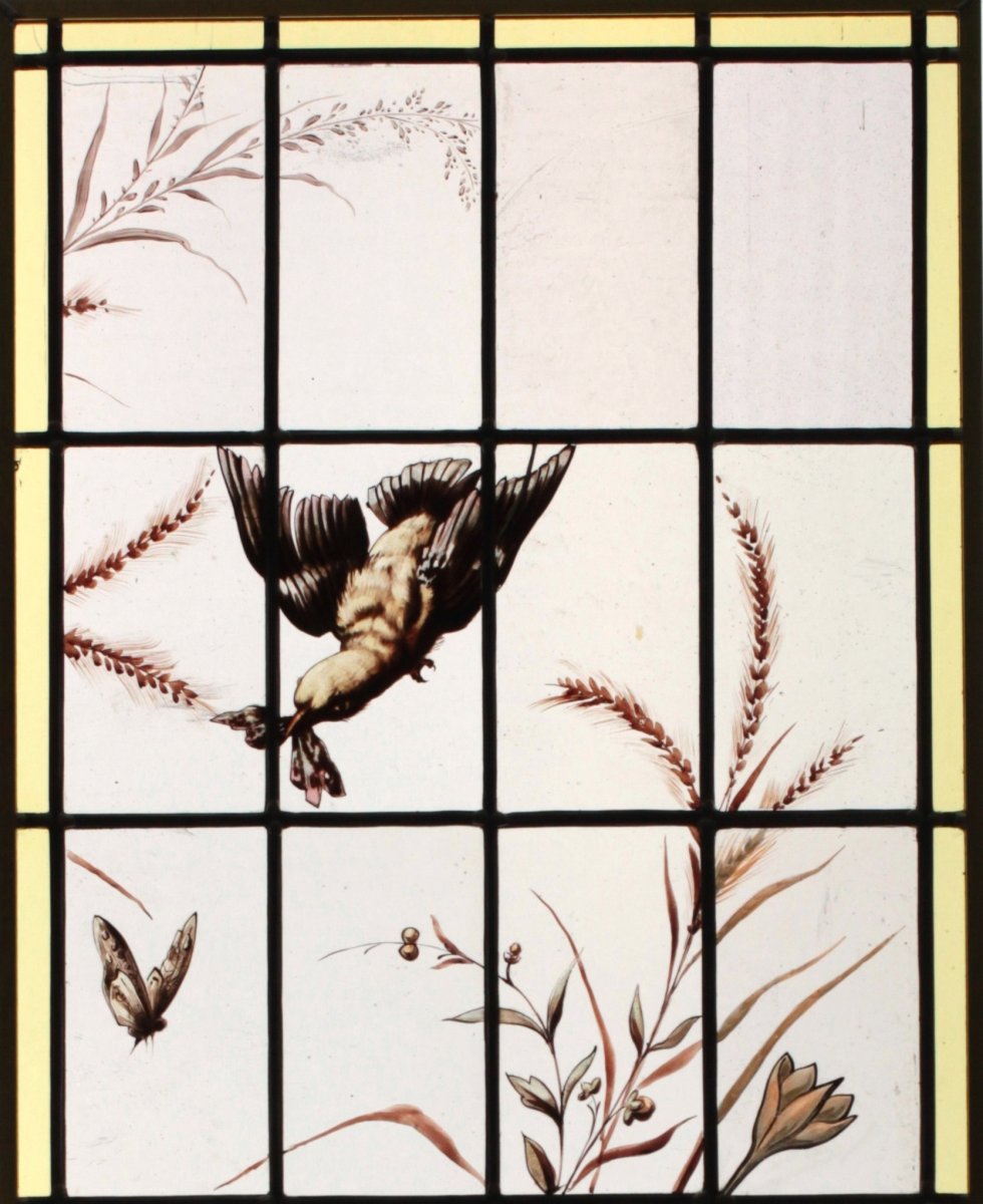 Vitrail - Vitraux - Décor Fleuri Avec Oiseau Et Papillon-photo-1