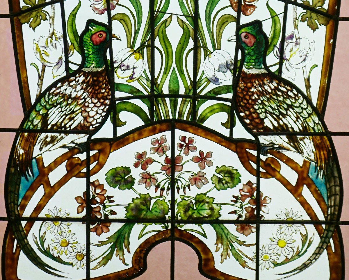 Stained Glass - Pheasants In A Flower Decor-photo-2