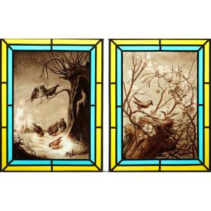 Stained Glass  - Birds In Winter And Birds In Their Nest