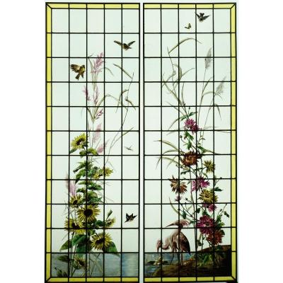 Stained Glass - Stained Glass - Sunflowers, Dahlias And Birds