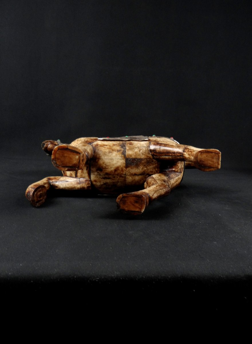 Tang Horse In Chinese Buffalo Bone, Metal Ornament & Glass Cabochon, 19th Century-photo-5