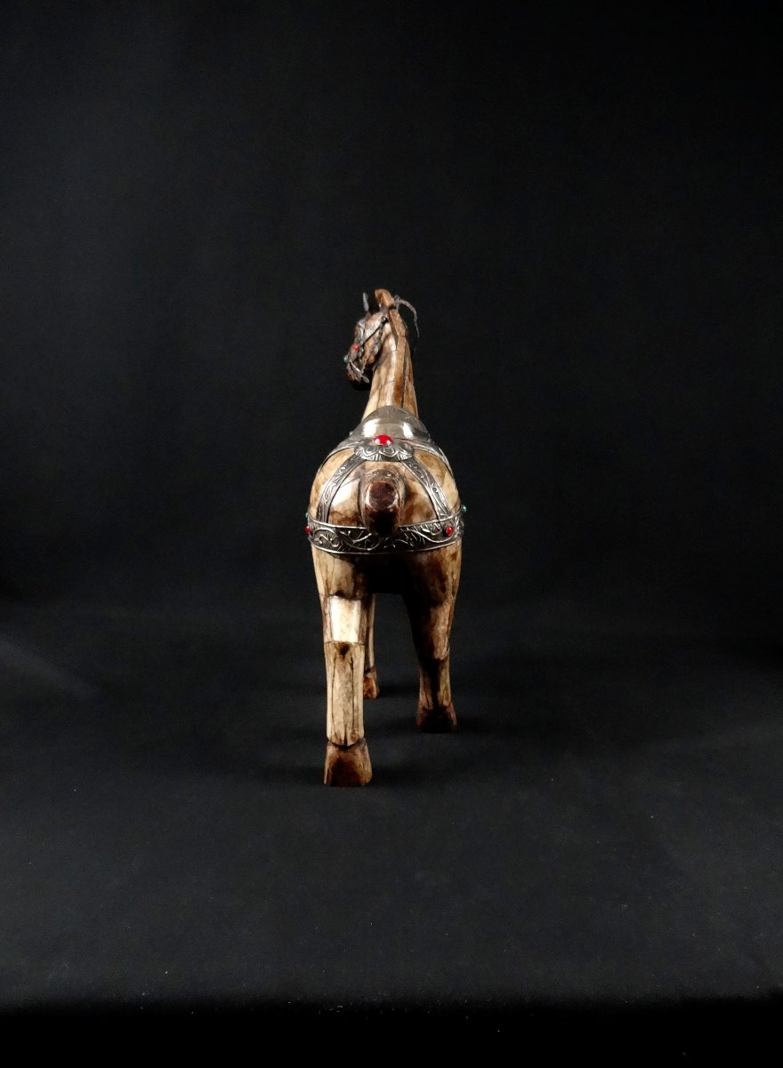 Tang Horse In Chinese Buffalo Bone, Metal Ornament & Glass Cabochon, 19th Century-photo-8