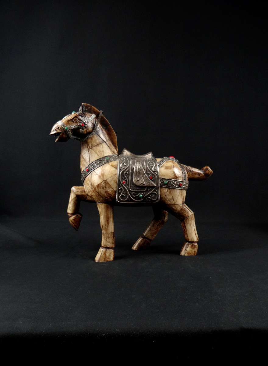 Tang Horse In Chinese Buffalo Bone, Metal Ornament & Glass Cabochon, 19th Century