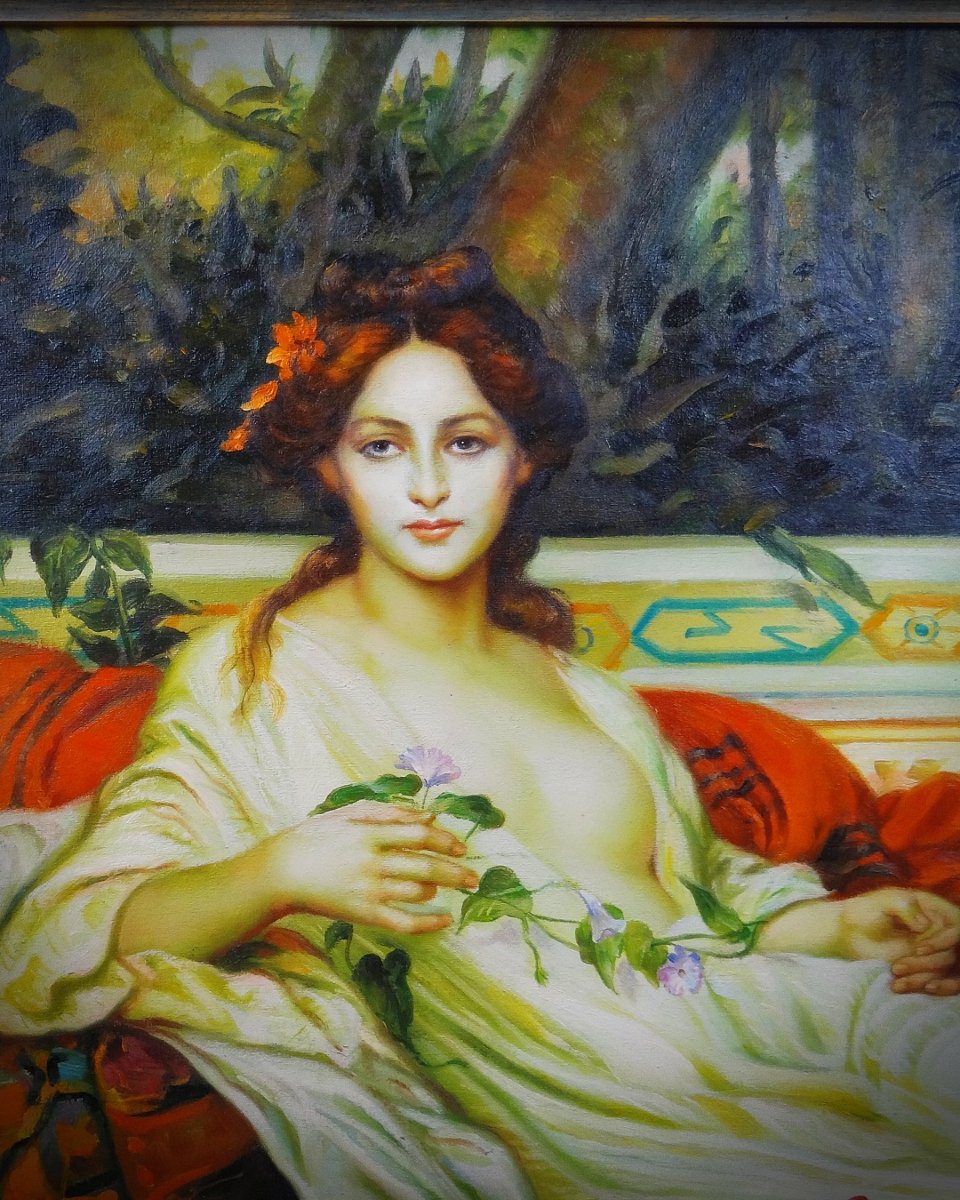 Oil Portrait On Canvas Inspired By Albaydé By Cabanel, Signed Darmont, 78x68 Cm, 20th Century-photo-6