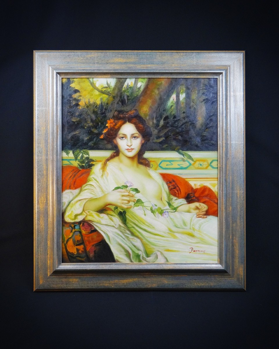 Oil Portrait On Canvas Inspired By Albaydé By Cabanel, Signed Darmont, 78x68 Cm, 20th Century