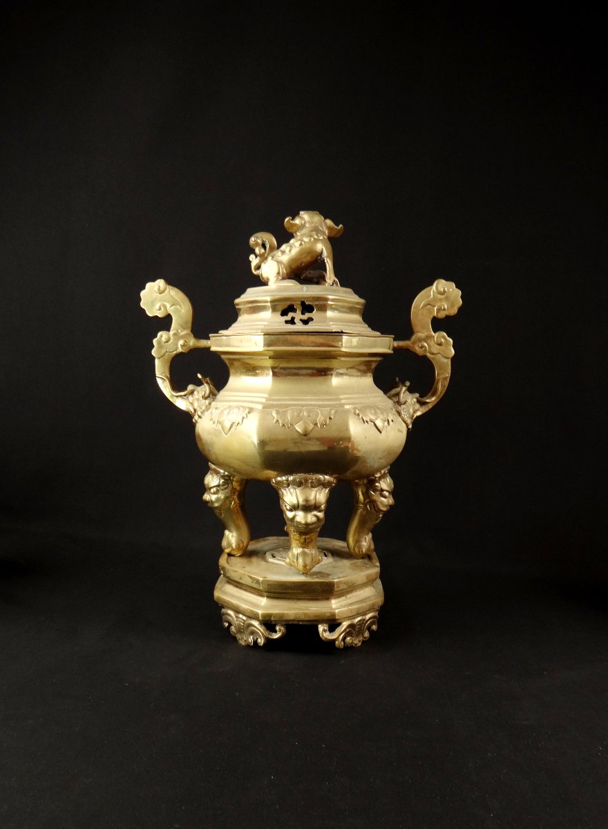 Brûle encens Chinois en bronze doré à décor de Chien de Fô période Qing XIXème-photo-2
