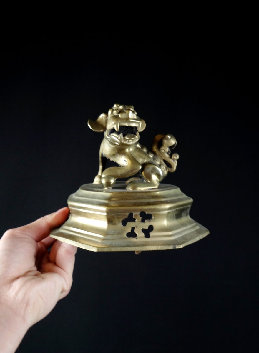 Brûle encens Chinois en bronze doré à décor de Chien de Fô période Qing XIXème-photo-6