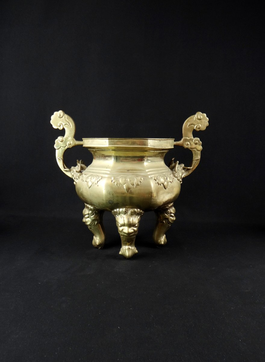 Brûle encens Chinois en bronze doré à décor de Chien de Fô période Qing XIXème-photo-7