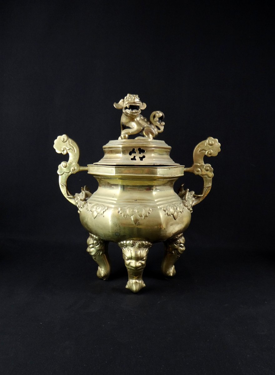 Brûle encens Chinois en bronze doré à décor de Chien de Fô période Qing XIXème-photo-8