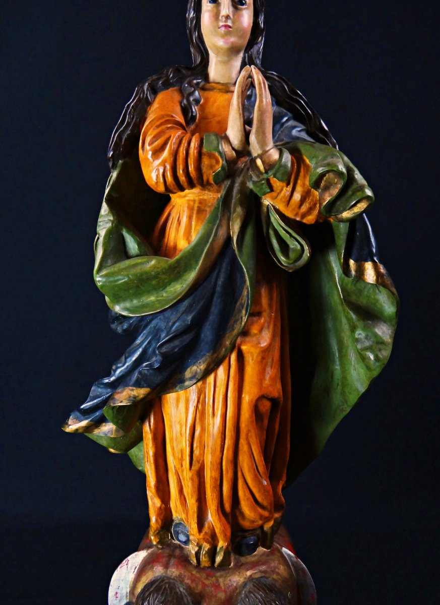 Large Polychrome Plaster Statue Of The Virgin Of The Immaculate Conception, Sacred Art, Late 19th Century-photo-3