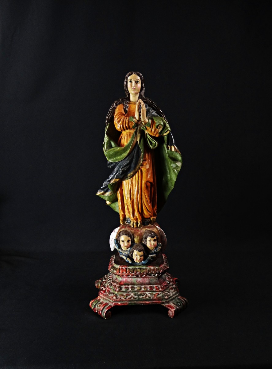 Large Polychrome Plaster Statue Of The Virgin Of The Immaculate Conception, Sacred Art, Late 19th Century