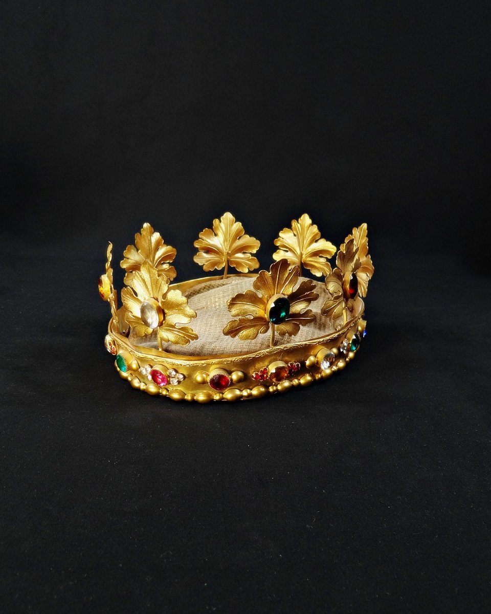 Large 19th-century Crown Of The Virgin Mary In Gilded Brass And Colored Glass Cabochon-photo-2