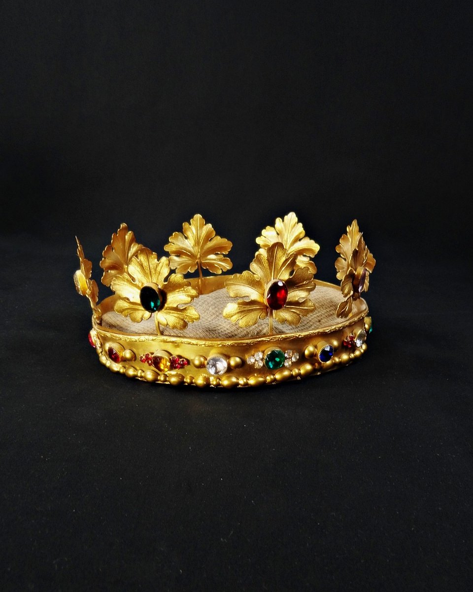 Large 19th-century Crown Of The Virgin Mary In Gilded Brass And Colored Glass Cabochon-photo-3