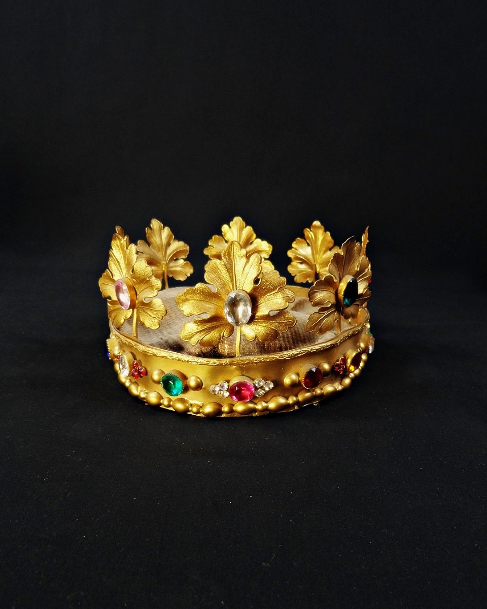 Large 19th-century Crown Of The Virgin Mary In Gilded Brass And Colored Glass Cabochon-photo-1