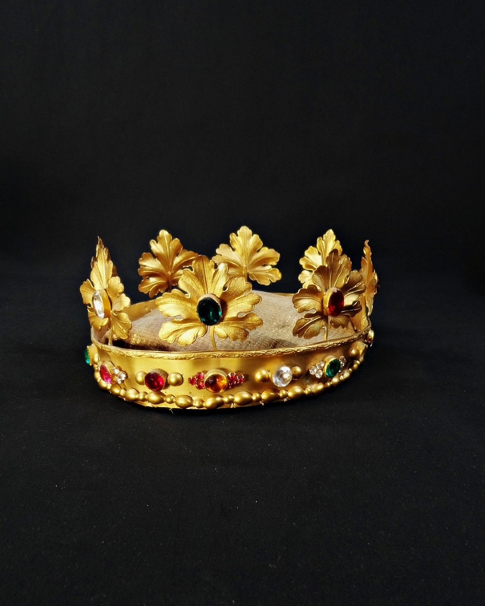 Large 19th-century Crown Of The Virgin Mary In Gilded Brass And Colored Glass Cabochon-photo-2