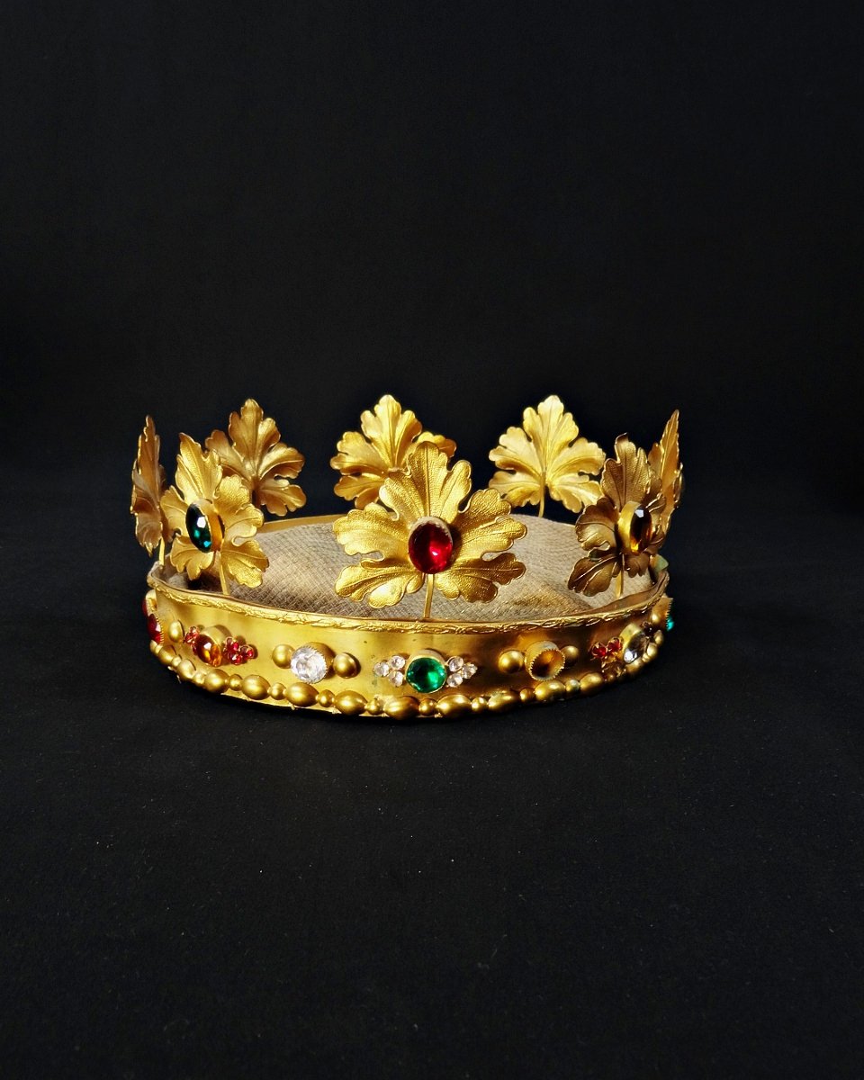 Large 19th-century Crown Of The Virgin Mary In Gilded Brass And Colored Glass Cabochon-photo-3