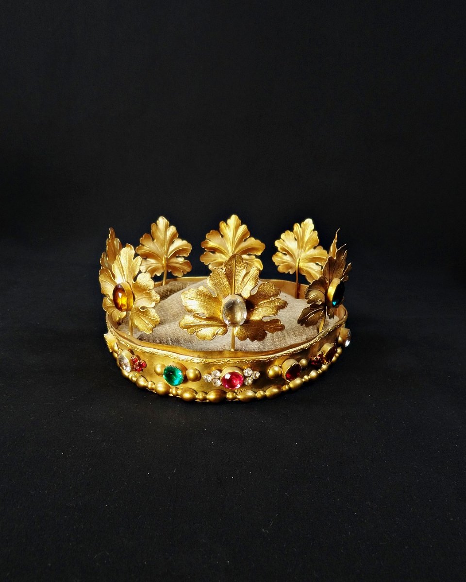 Large 19th-century Crown Of The Virgin Mary In Gilded Brass And Colored Glass Cabochon-photo-5