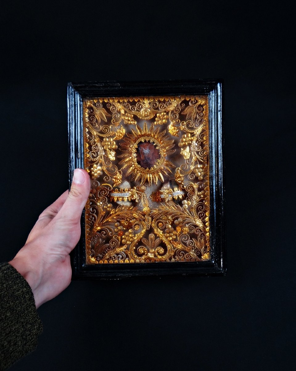 18th-century Paper Filigree Reliquary Of Saint Secundina, Ancient Catholic Sacred Art-photo-4