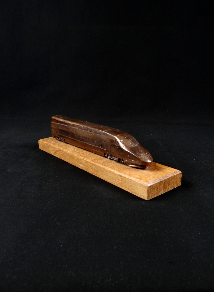 Bronze Tgv On A Wooden Base, A Scale Model Of The Tgv Sud-est From The 1980s-photo-3