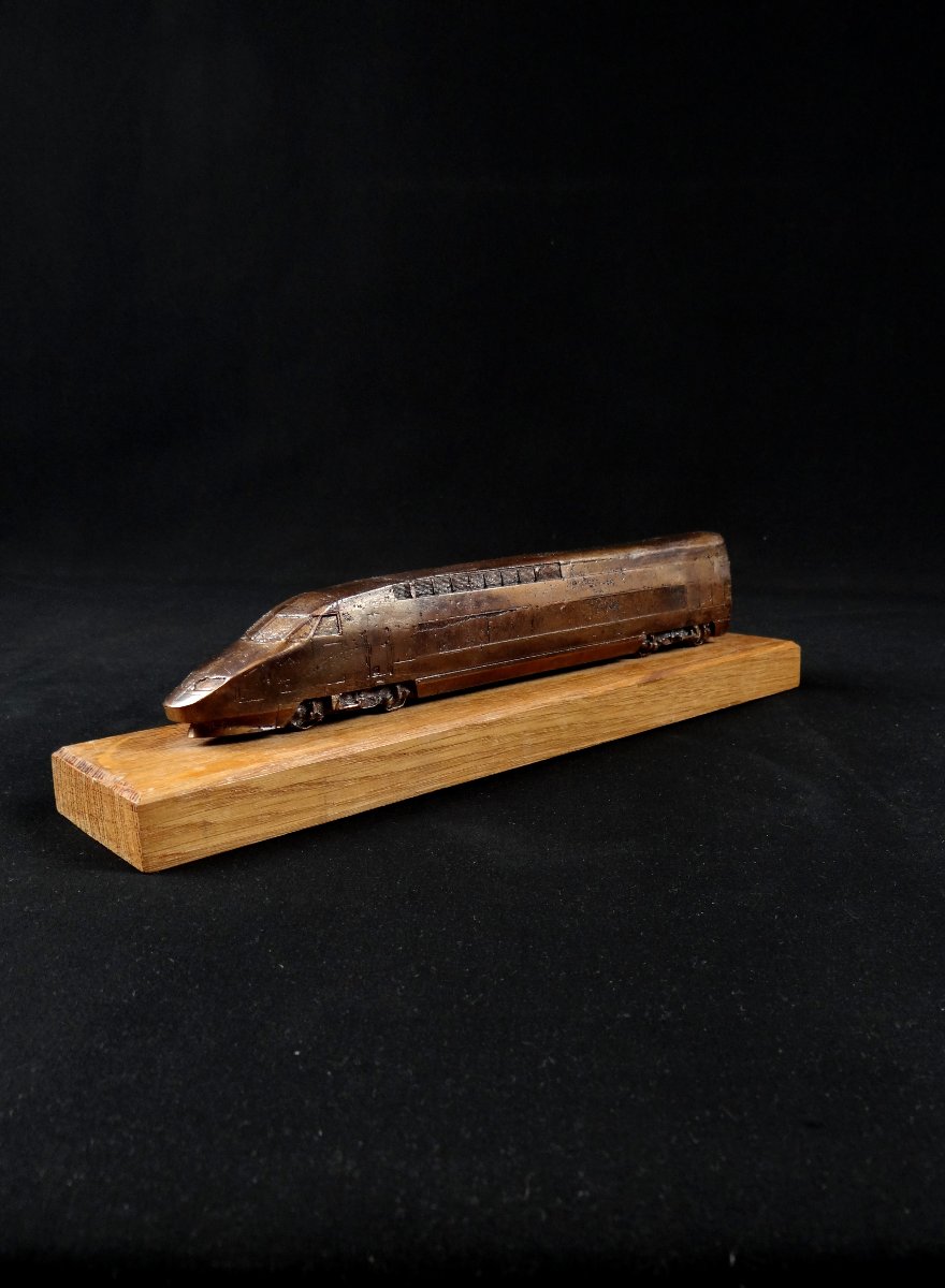 Bronze Tgv On A Wooden Base, A Scale Model Of The Tgv Sud-est From The 1980s-photo-1