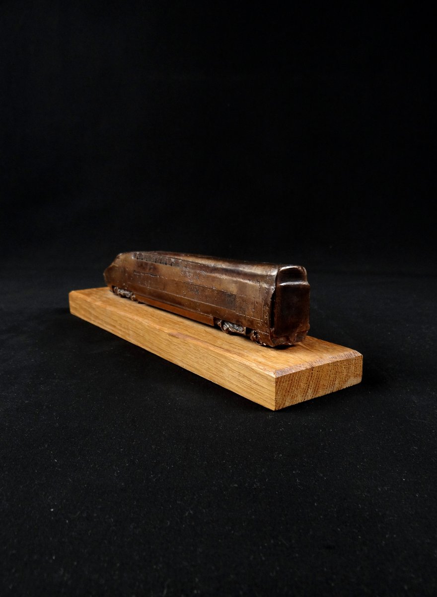 Bronze Tgv On A Wooden Base, A Scale Model Of The Tgv Sud-est From The 1980s-photo-3