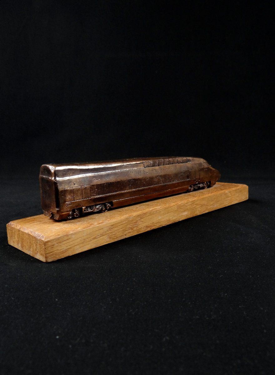 Bronze Tgv On A Wooden Base, A Scale Model Of The Tgv Sud-est From The 1980s-photo-5