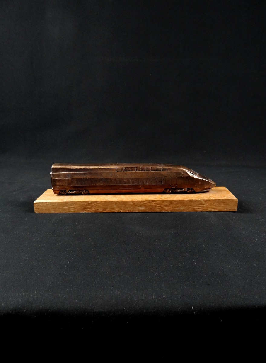 Bronze Tgv On A Wooden Base, A Scale Model Of The Tgv Sud-est From The 1980s