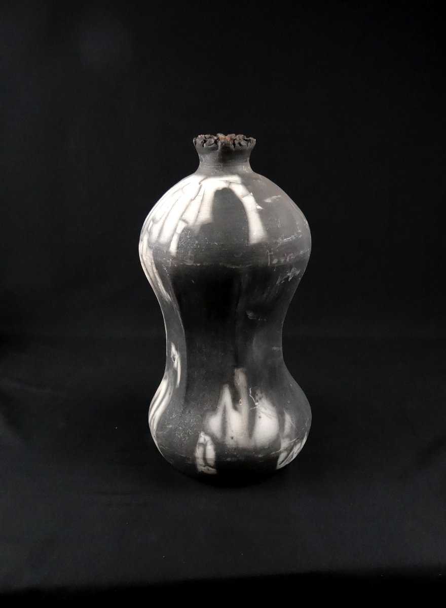 Contemporary Raku Stoneware Ceramic Bottle Vase Signed Kamel Boubekeur-photo-2