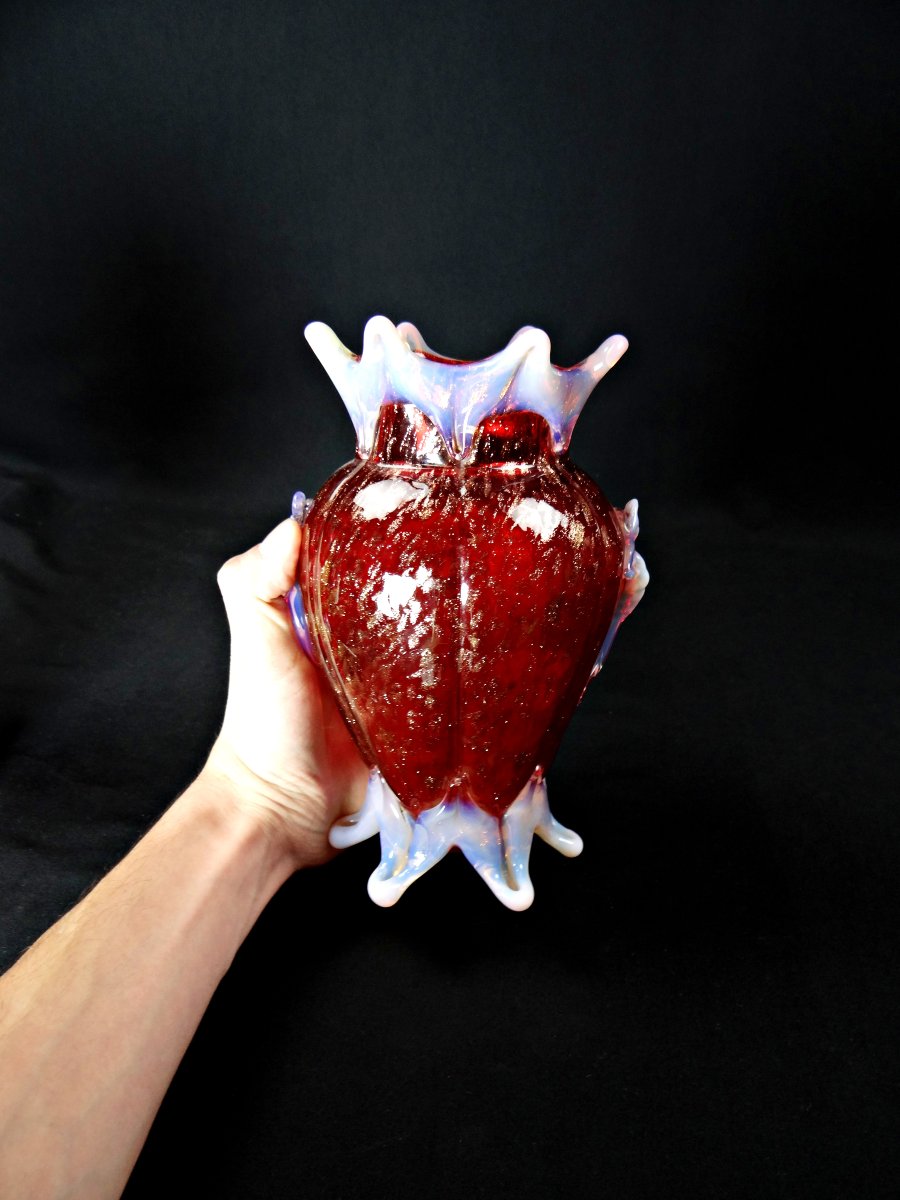 Pair Of Opalescent Murano Vases In Red Blown Glass With Gold Inclusions, Dlg De Barovier-photo-1