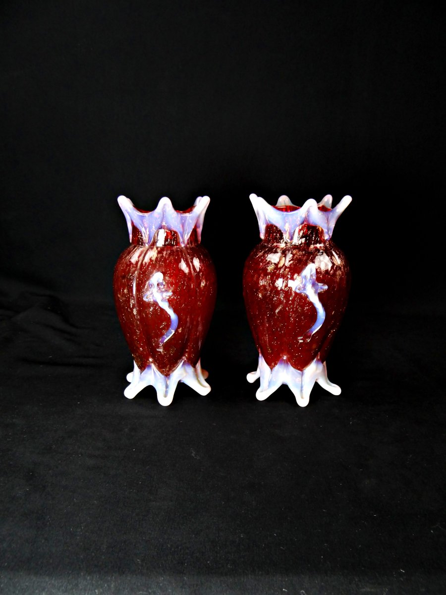 Pair Of Opalescent Murano Vases In Red Blown Glass With Gold Inclusions, Dlg De Barovier-photo-7