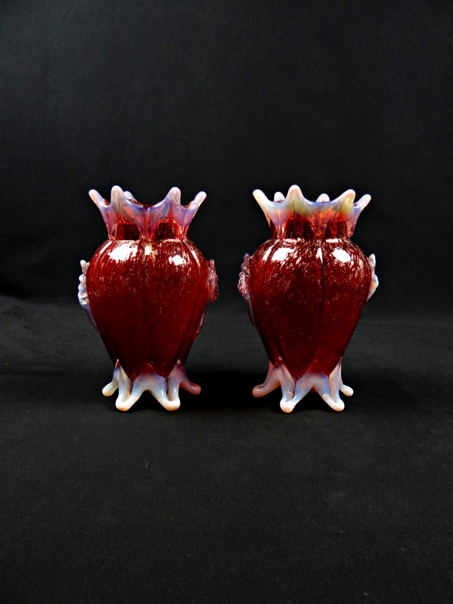 Pair Of Opalescent Murano Vases In Red Blown Glass With Gold Inclusions, Dlg De Barovier