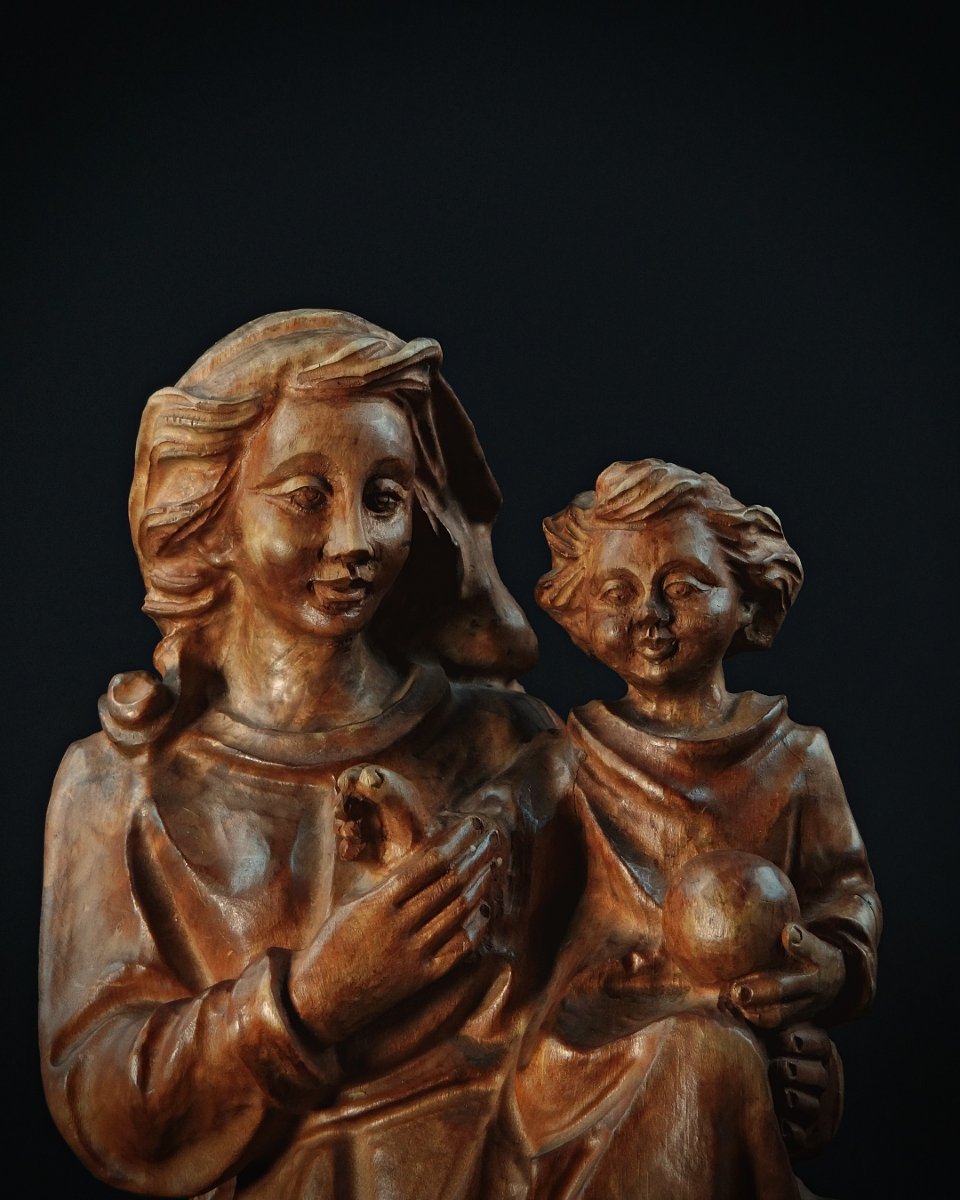 Sculpture Of The Virgin And Child In Tyrolean Oak, German Religious Art, 20th Century-photo-4