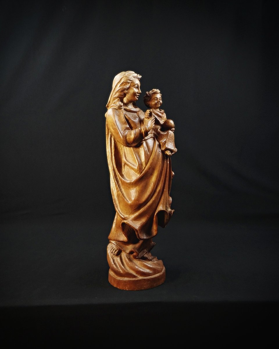 Sculpture Of The Virgin And Child In Tyrolean Oak, German Religious Art, 20th Century-photo-1