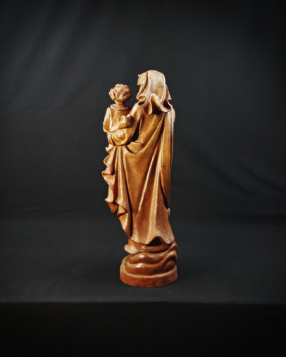 Sculpture Of The Virgin And Child In Tyrolean Oak, German Religious Art, 20th Century-photo-3
