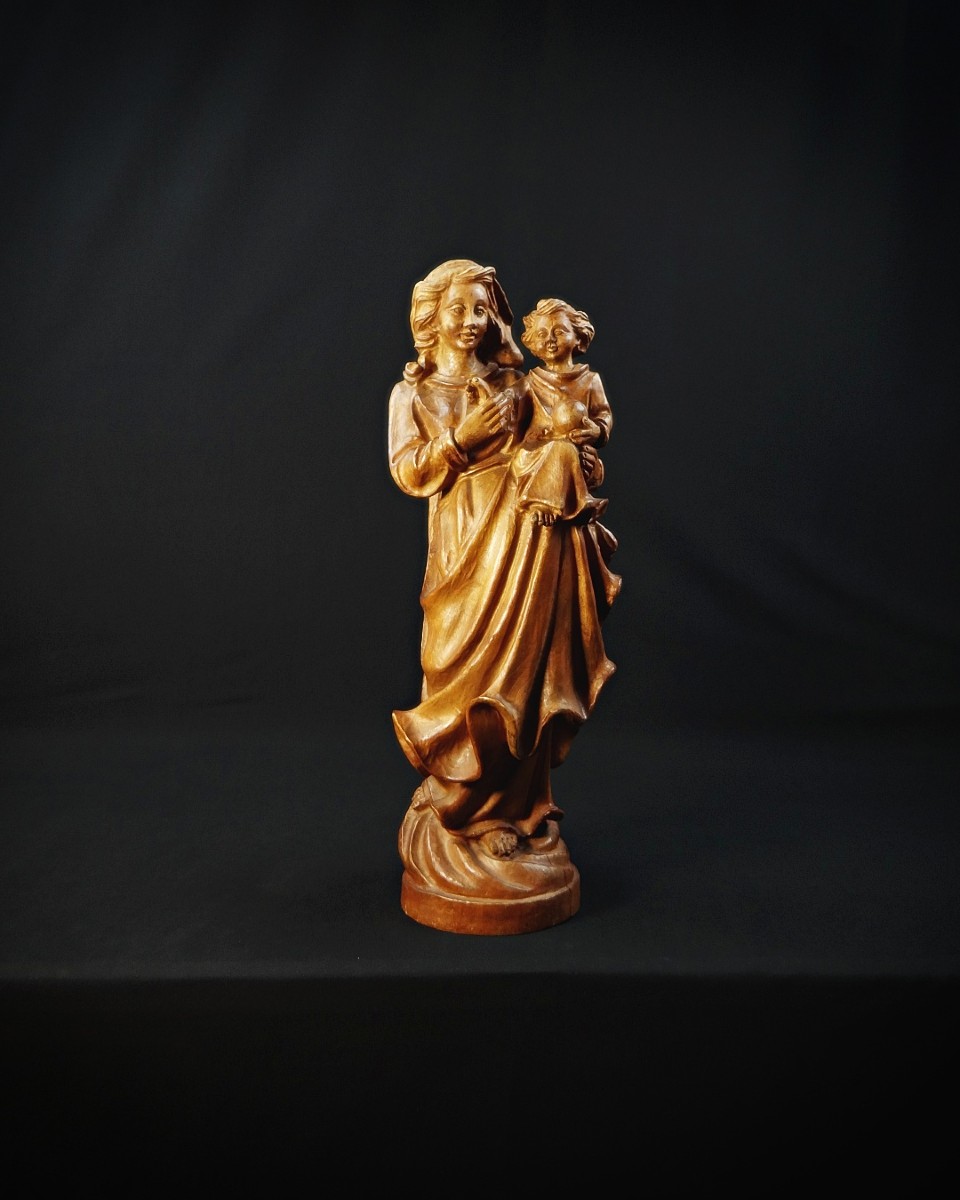 Sculpture Of The Virgin And Child In Tyrolean Oak, German Religious Art, 20th Century