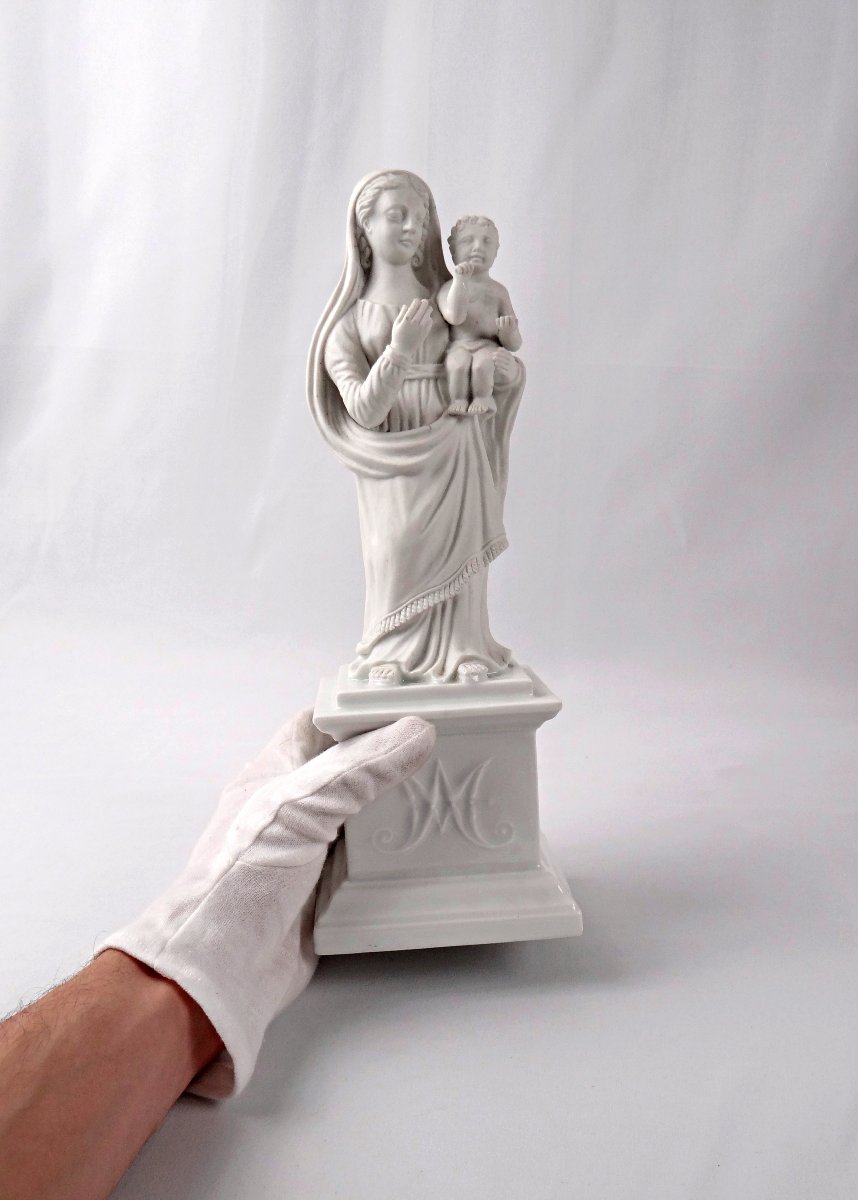 Virgin Mary And Child Jesus Bisque Porcelain Statuette, Neo-gothic, 19th Century-photo-3