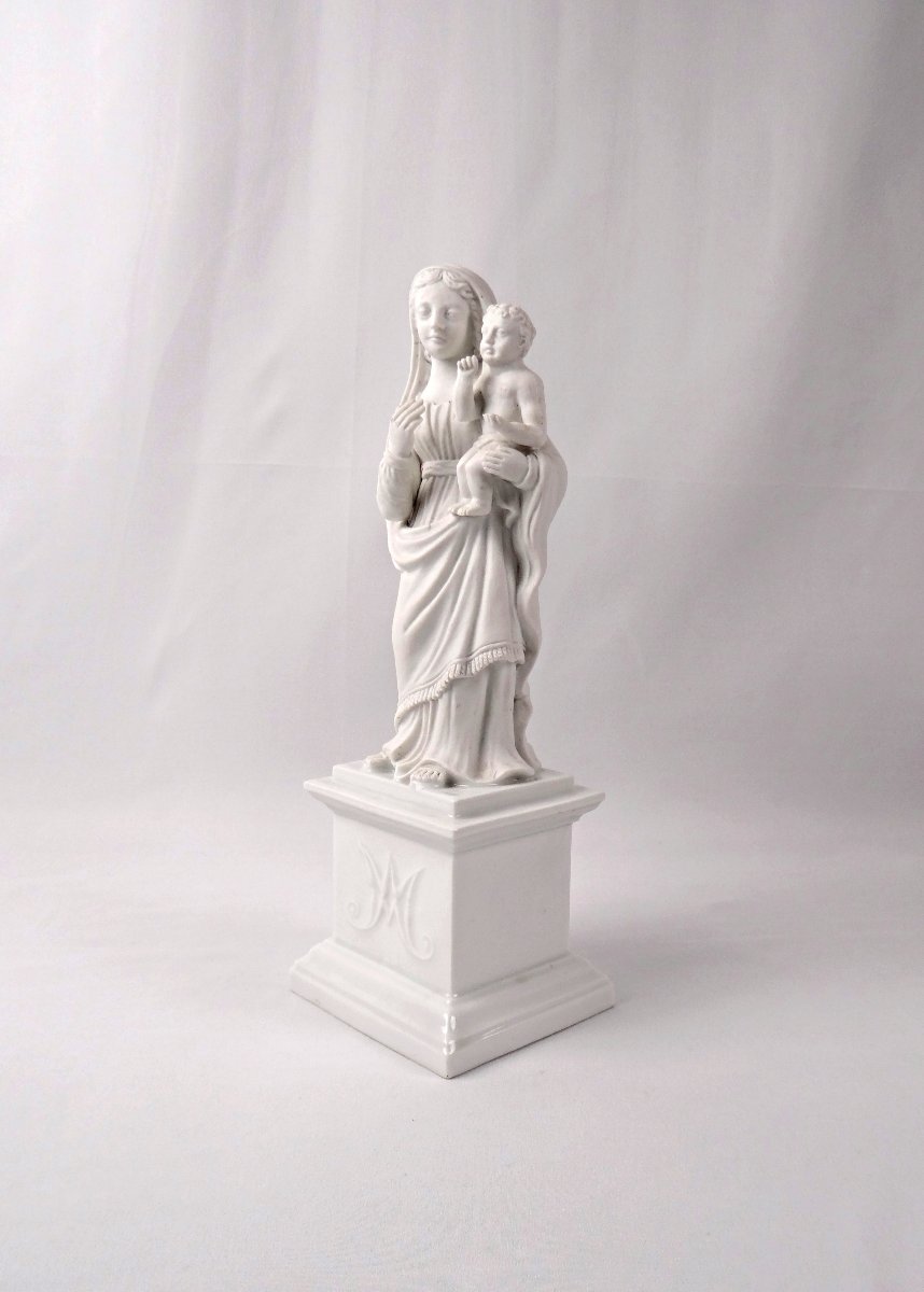 Virgin Mary And Child Jesus Bisque Porcelain Statuette, Neo-gothic, 19th Century-photo-2