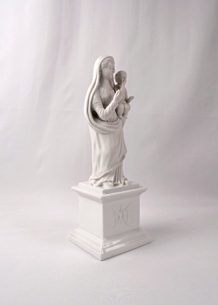 Virgin Mary And Child Jesus Bisque Porcelain Statuette, Neo-gothic, 19th Century-photo-6
