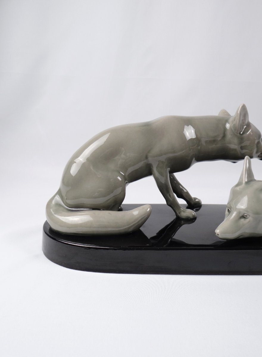 Sculpture Art Déco renardeaux groupe en faïence attribué à Andras Sinko (1901-1976)-photo-2