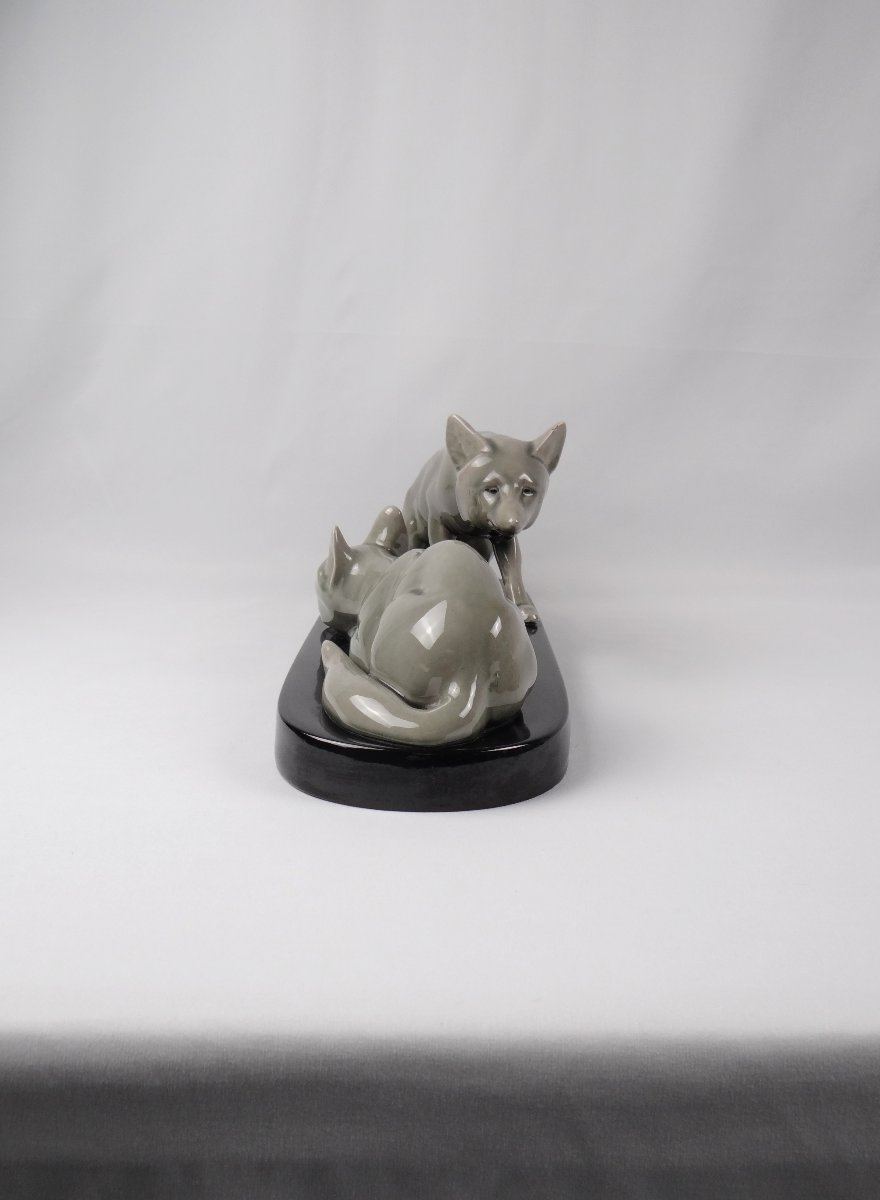 Sculpture Art Déco renardeaux groupe en faïence attribué à Andras Sinko (1901-1976)-photo-1
