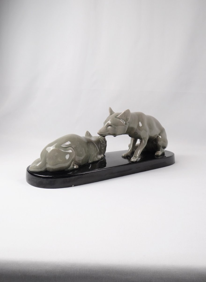 Sculpture Art Déco renardeaux groupe en faïence attribué à Andras Sinko (1901-1976)-photo-2