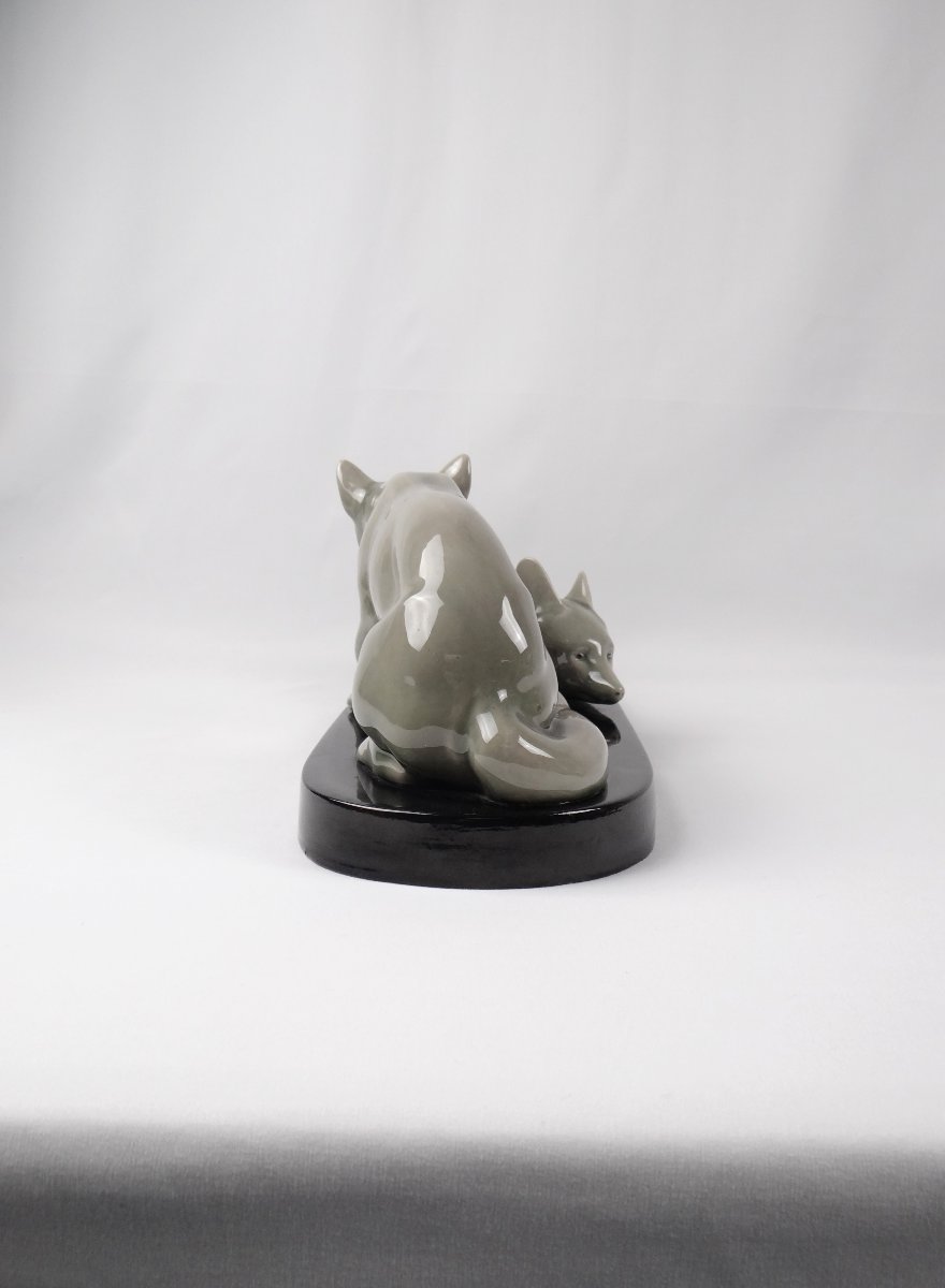 Sculpture Art Déco renardeaux groupe en faïence attribué à Andras Sinko (1901-1976)-photo-5
