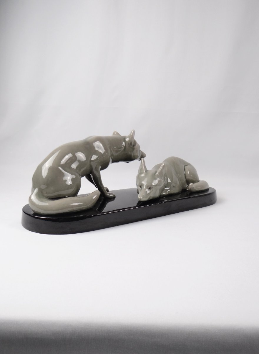 Sculpture Art Déco renardeaux groupe en faïence attribué à Andras Sinko (1901-1976)-photo-6