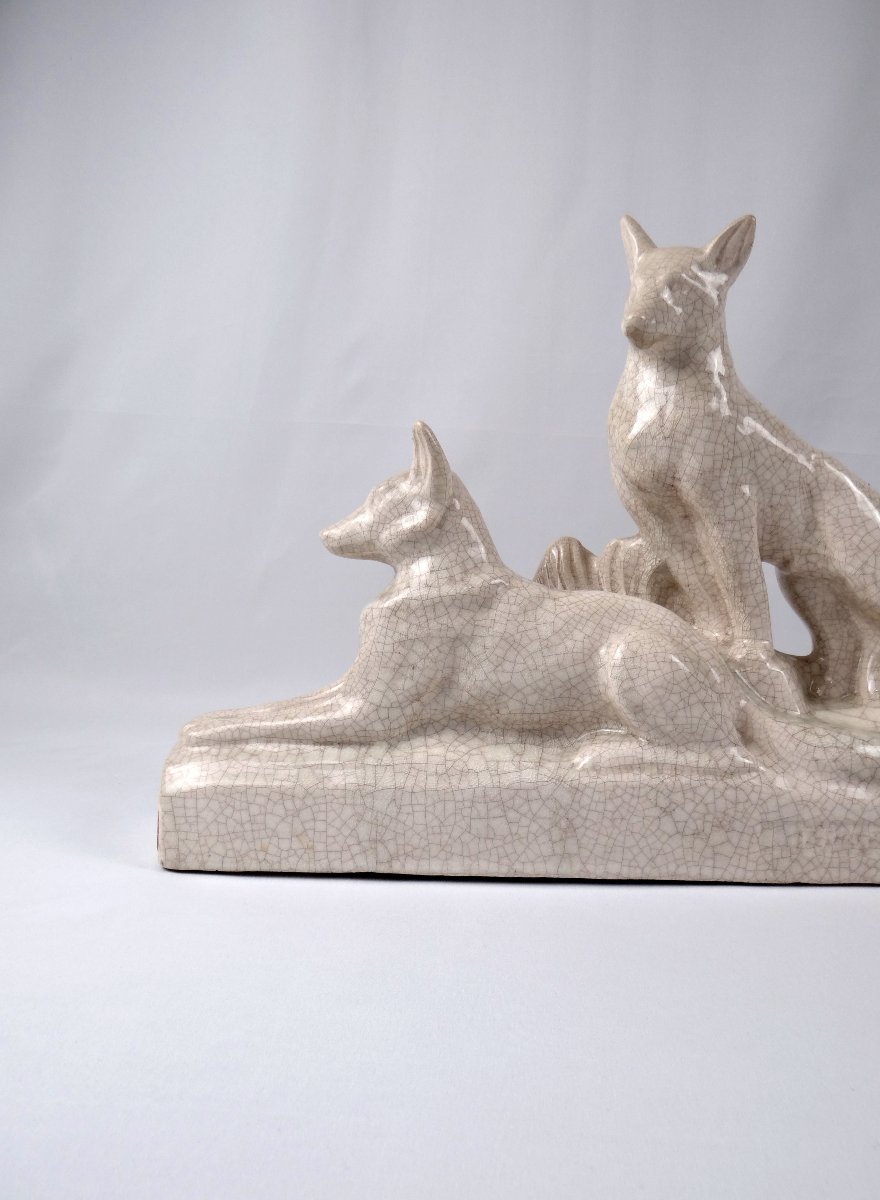 Sculpture Art Déco couple de loups en faïence craquelée signée François Levallois (1882-1965)-photo-2