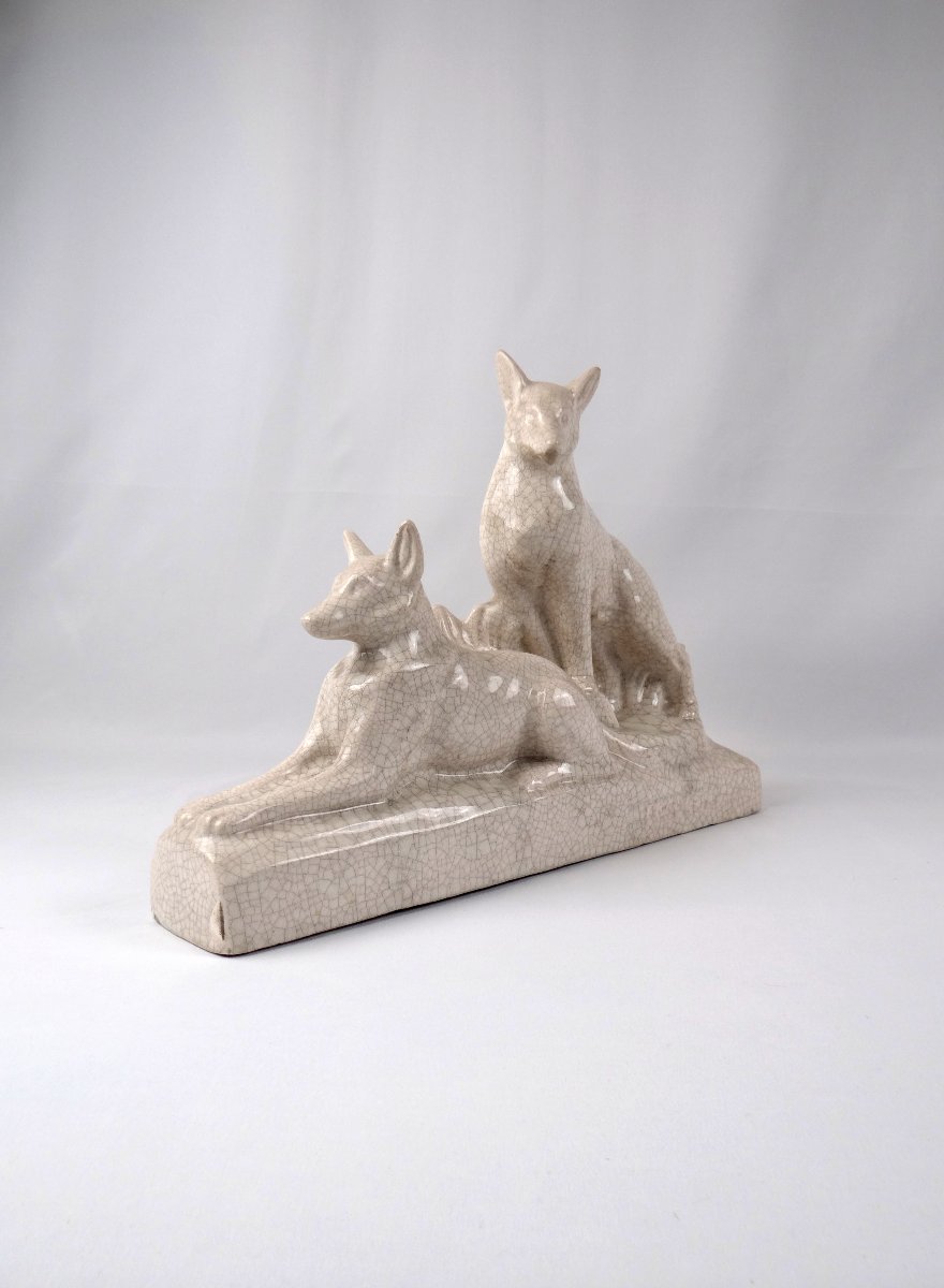 Sculpture Art Déco couple de loups en faïence craquelée signée François Levallois (1882-1965)-photo-4