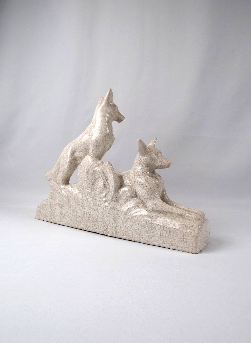 Sculpture Art Déco couple de loups en faïence craquelée signée François Levallois (1882-1965)-photo-2