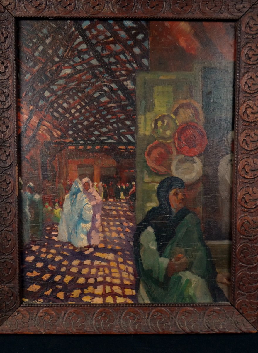 "Le souk" huile sur panneau orientaliste signée E.Feher datée de 1935-photo-2