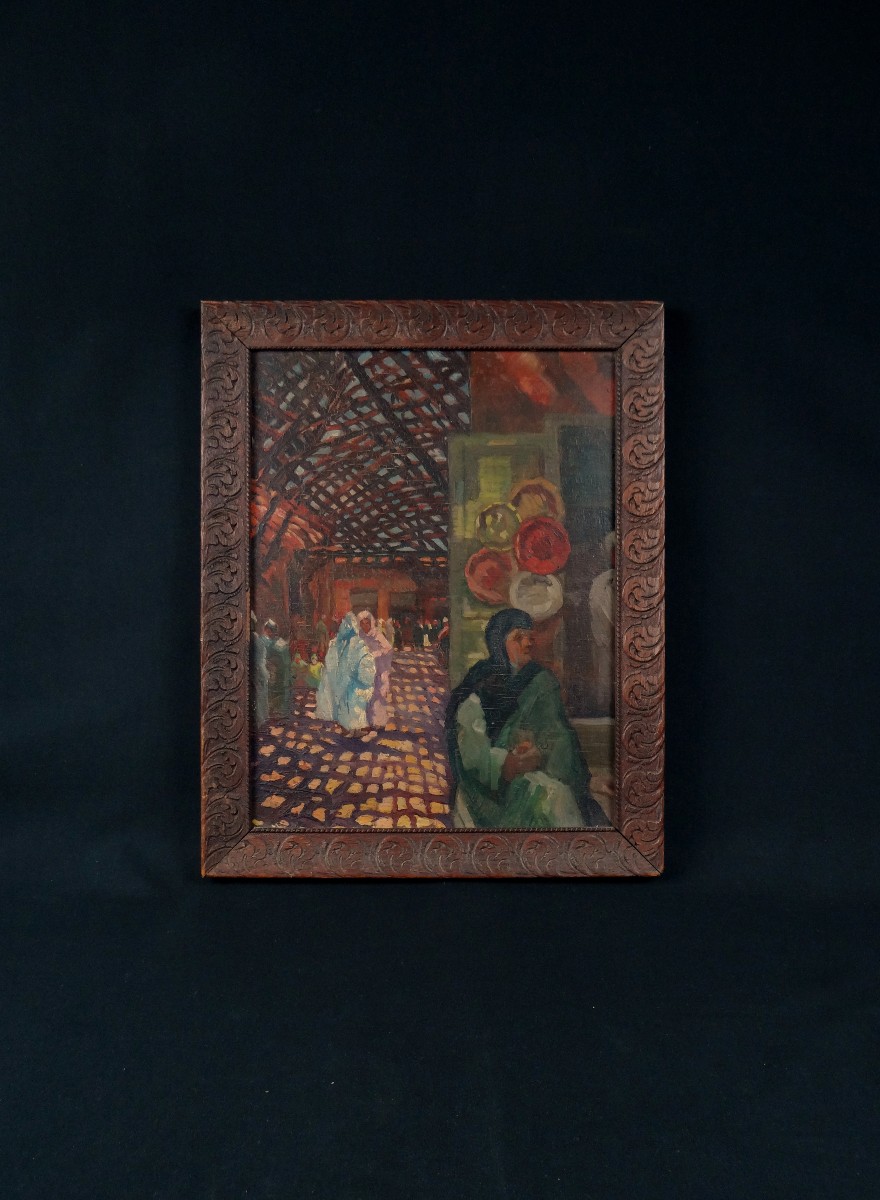 "Le souk" huile sur panneau orientaliste signée E.Feher datée de 1935